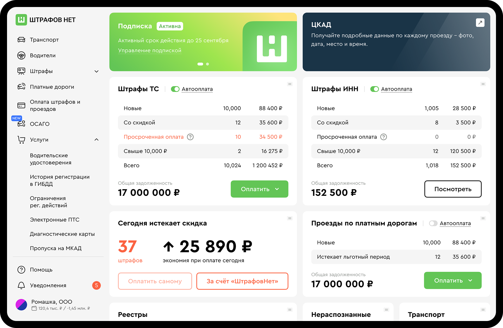 дашборд из личного кабинета пользователя